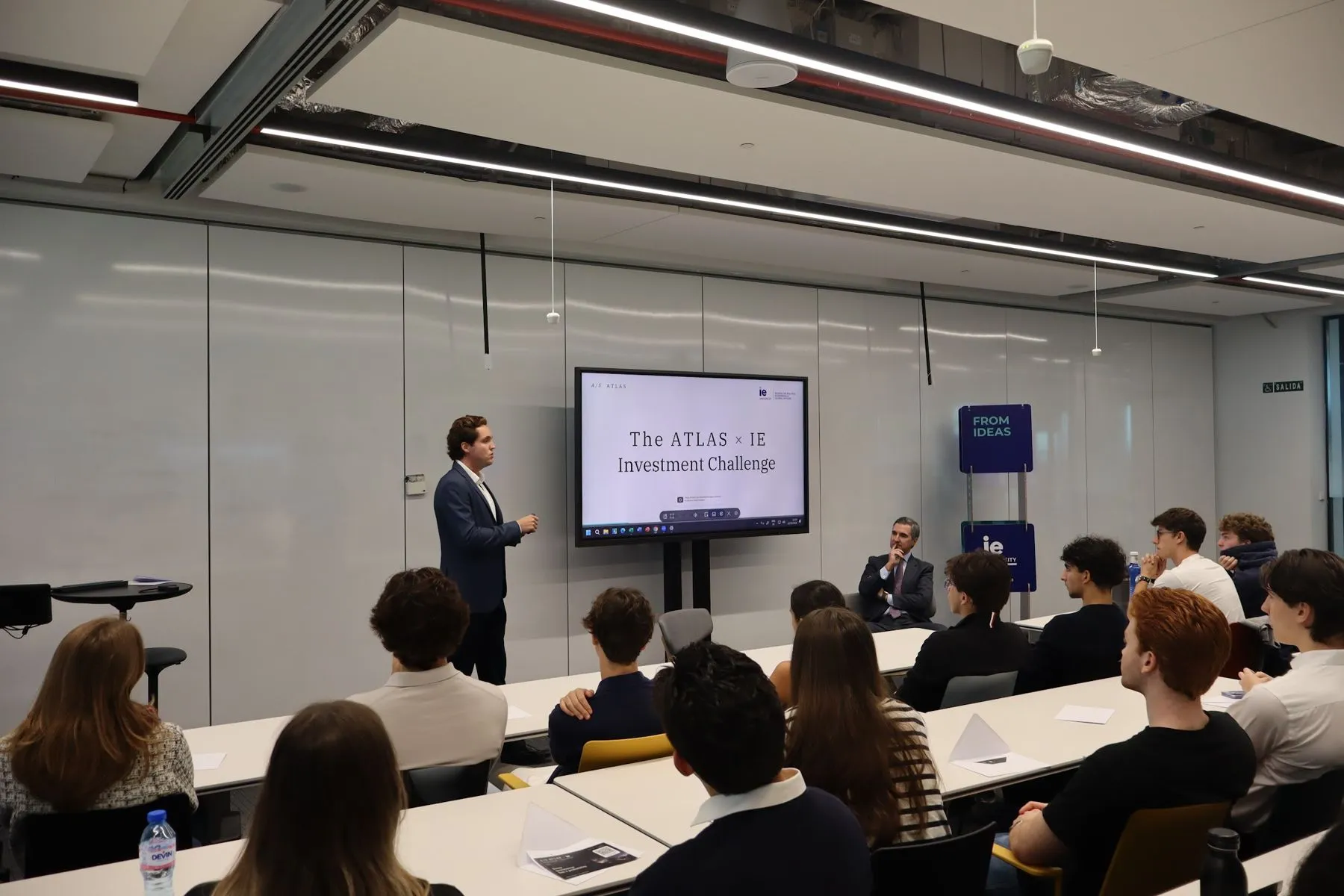 Santiago Avalos presenting the ATLAS × IE Investment Challenge to IE University students