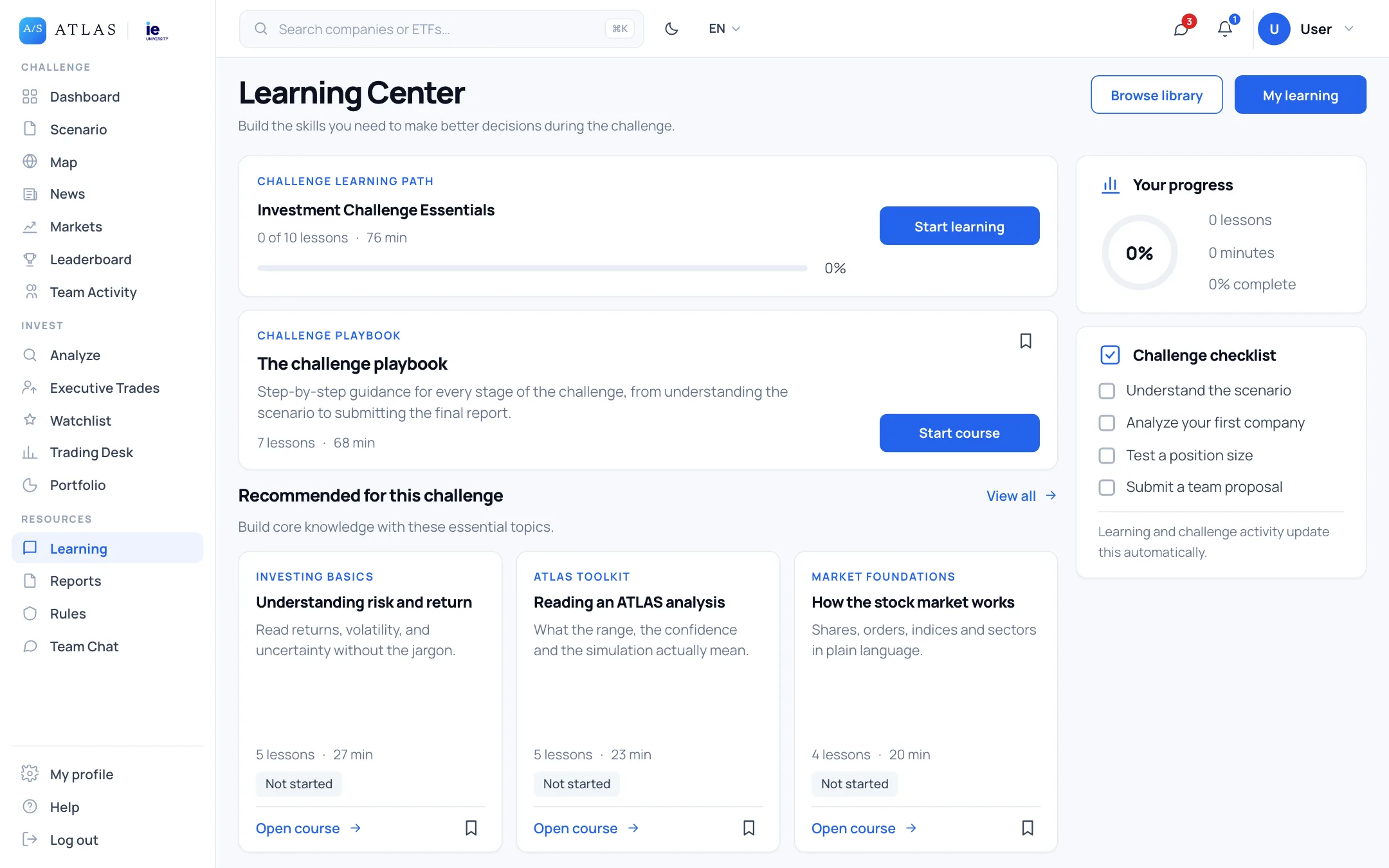 Il Learning Center di ATLAS: corsi, guida della sfida e progressi